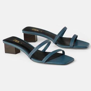 ZARA Wood Heeled Leather Sandals In Blue Size 38/7.5
